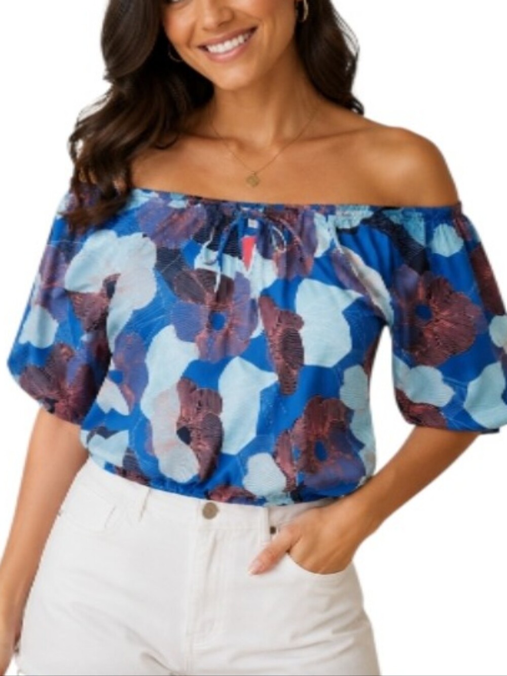 Allison Joy Nadia Off The Shoulder Blue Tropical Floral Wrap Tie Front Top-NWT